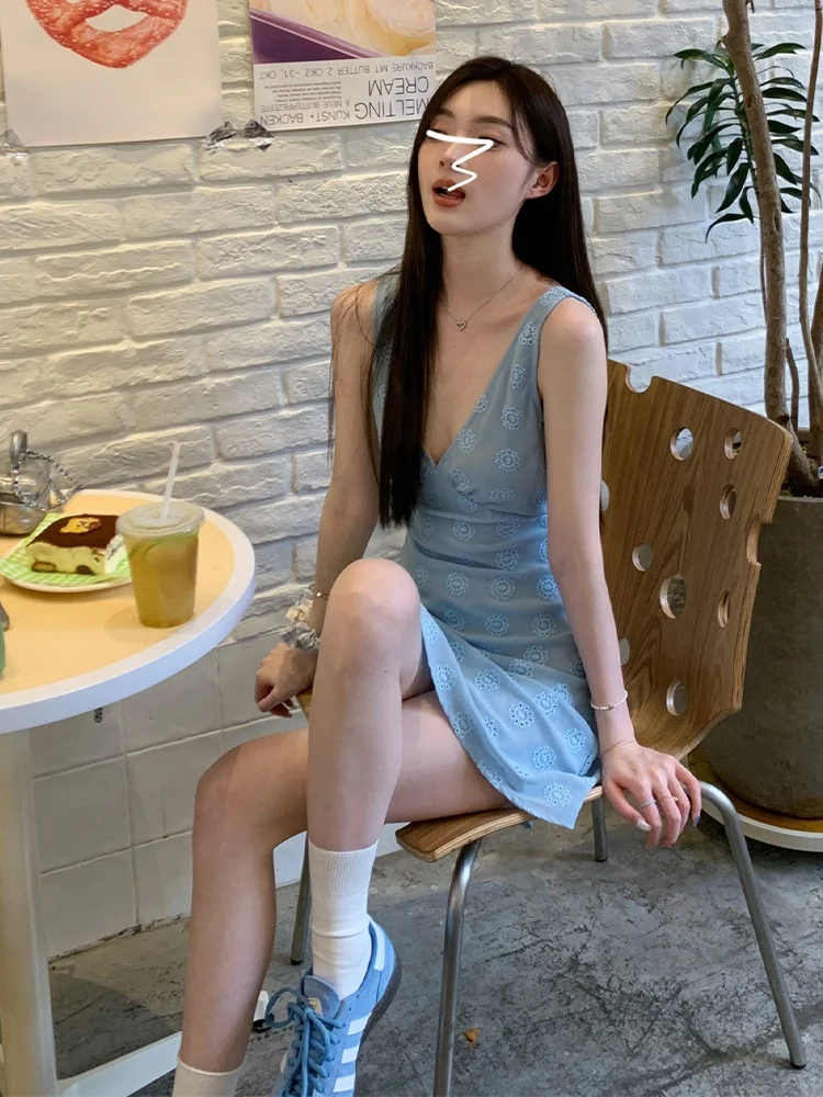 Blauer V-Ne ter Dr Damen Sommer Strand Vaion ort Rock Lässiges A-Linie-Baumwollkleid mit hoher Taille für junge Damen