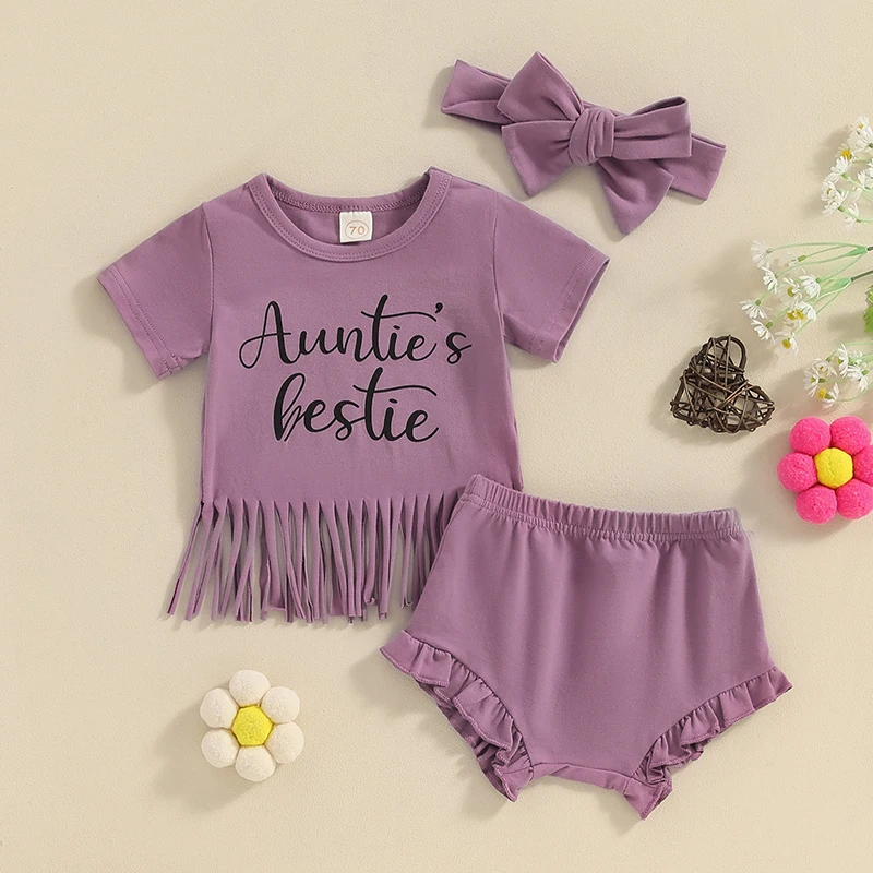 2024-01-05 Lioraitiin Toddler Baby Girl Summer Clothes Set Aunties Bestie Print Short Sleeve Crew Neck T-Shirt 2pcs Shorts Set