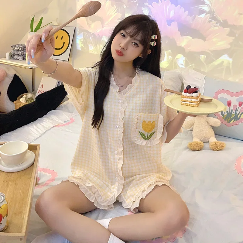 Модель 5XL, женская пижама, весенне-летний комплект из двух предметов с коротким рукавом, милая и милая Студенческая клетчатая Свободная Домашняя одежда принцессы