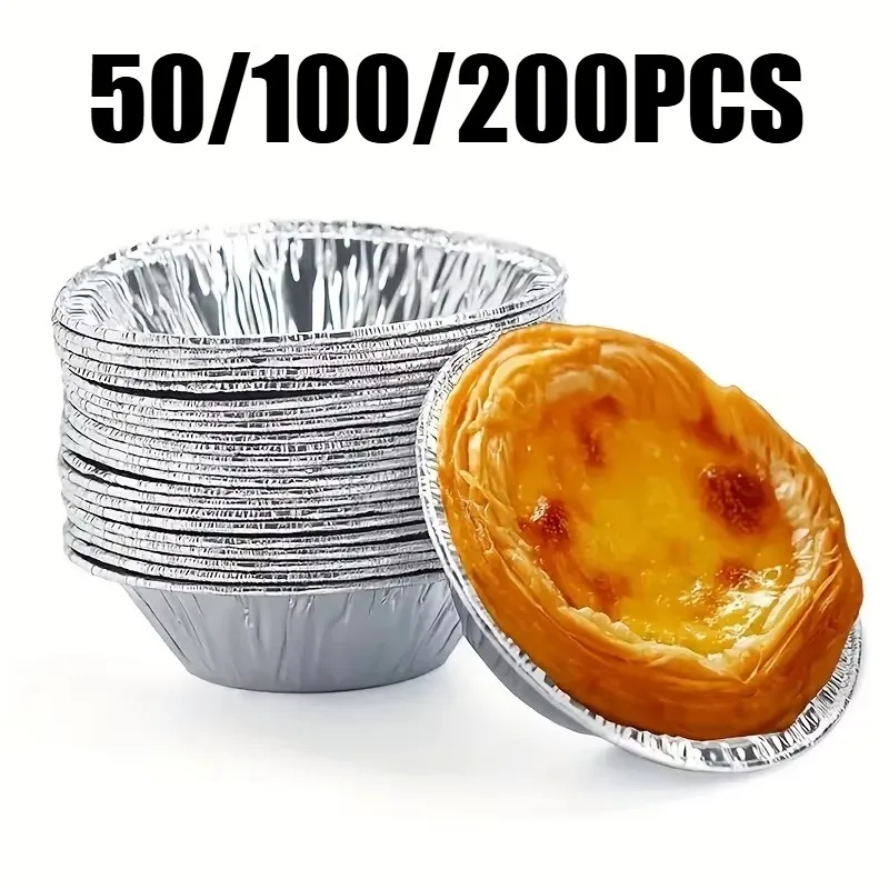 50/100/200PCS Silver Tin Foil Egg Tart Tray Cookie Pudding Egg Tart Tray Family Party Wedding Banquet Round Shell Baking Tool