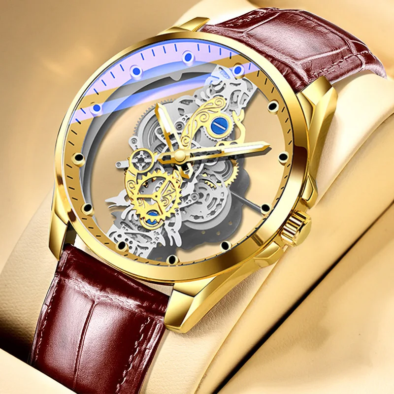 

Men's New Double-Sided Skeleton Quartz Watch Tourbillon Design with Automatic Running Non-Mechanical Movement Man Wristwatch