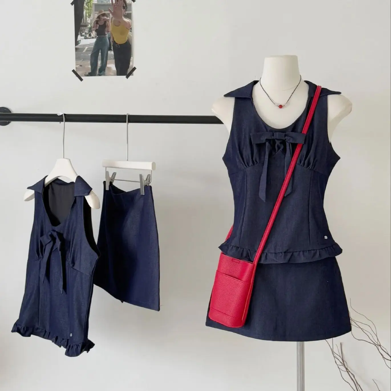 

2025 Summer Pure Desire Fashion Set Women's Design Irregular Short sleeved Top+A-line Skirt Pants Two piece denim Set
