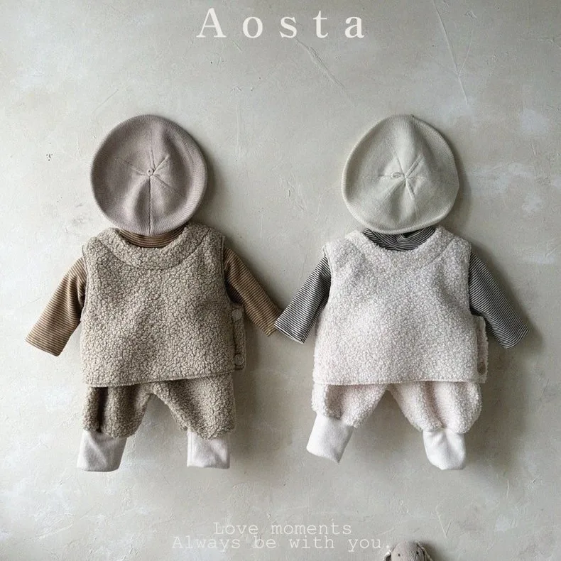 Baby Clothing Vest 2023 Autumn and Winter Korean Style Plush Solid Color Casual Simple New Fashionable Baby Warm Vest