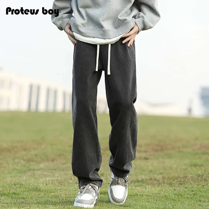 

ProteusBoy Men's Straight Leg Casual Jeans American Vintage Spring Autumn Long Trousers Wear Resistant Loose Fit Teenager
