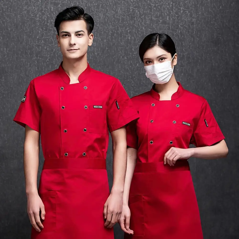 Unisex Chef-Shirt Met Dubbele Rij Knopen En Korte Mouw Opstaande Kraag Keuken Chef-Kok Top Bakkerij Restaurant Kantine Kelner Top Kok Uniform