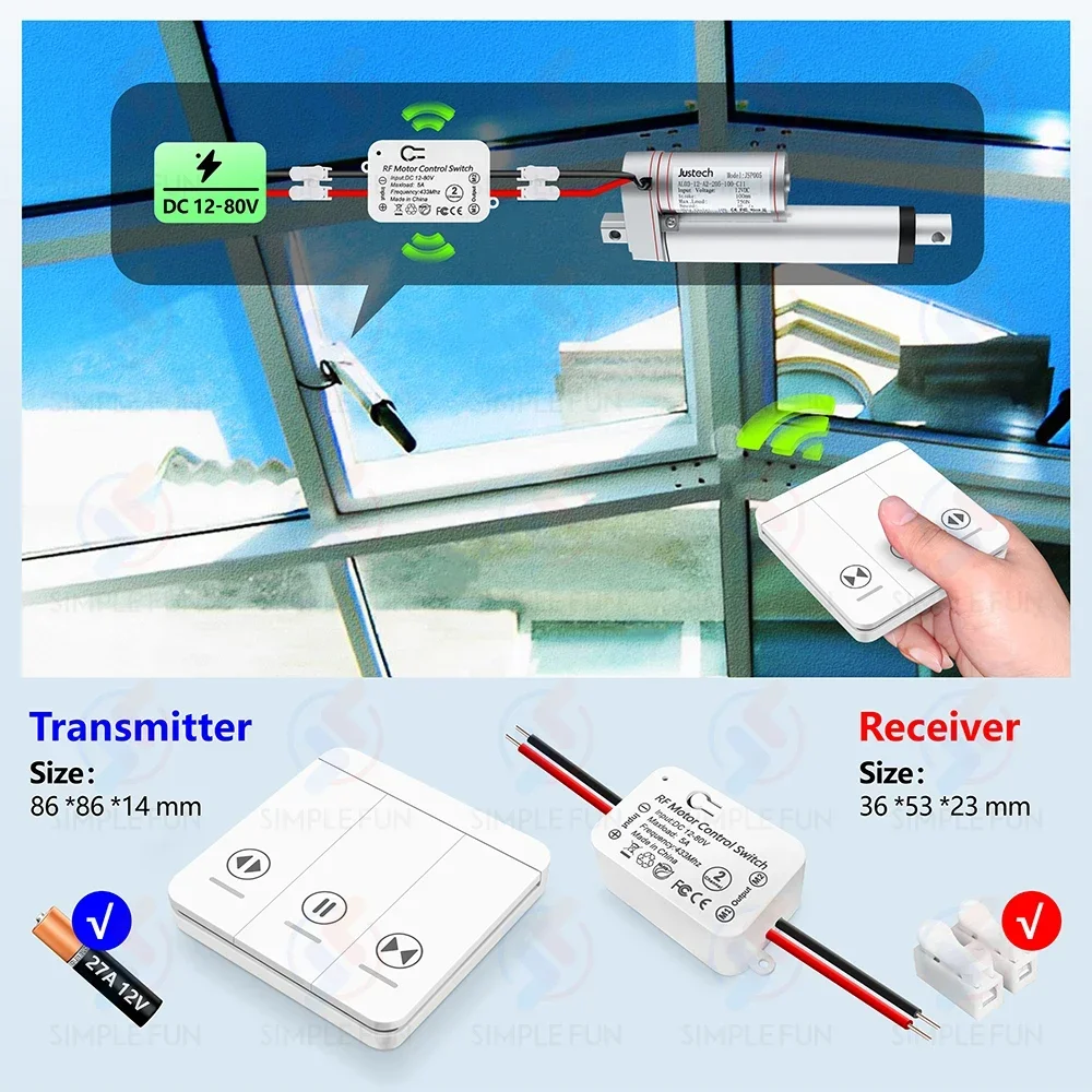 433MHz Linear Actuator Wireless Remote Control Switch,12V 24V 48V 80V Receiver,50m Wireless Wall Switch,for DC Motor Curtain