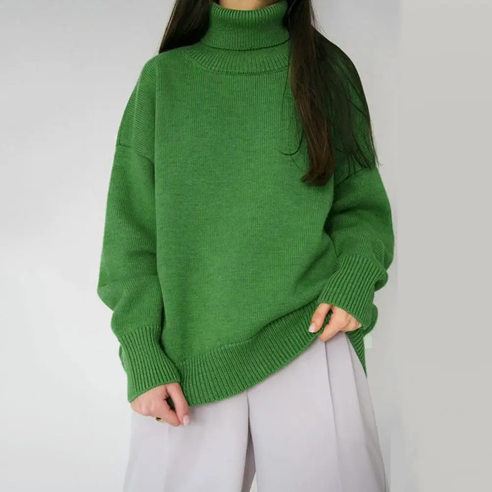 Women Winter Sweater Cozy High Collar Women's Sweater Long Sleeve Ribbed Trim Pullover Loose Fit Solid Color Knit Top for Fall