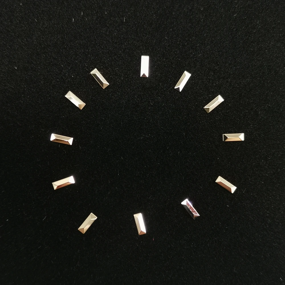 Esfera de reloj con índice de hora, color plateado brillante, forma rectangular (sin lume), 1,2mm x 3,5mm, pin de fabricante de horas de reloj de metal