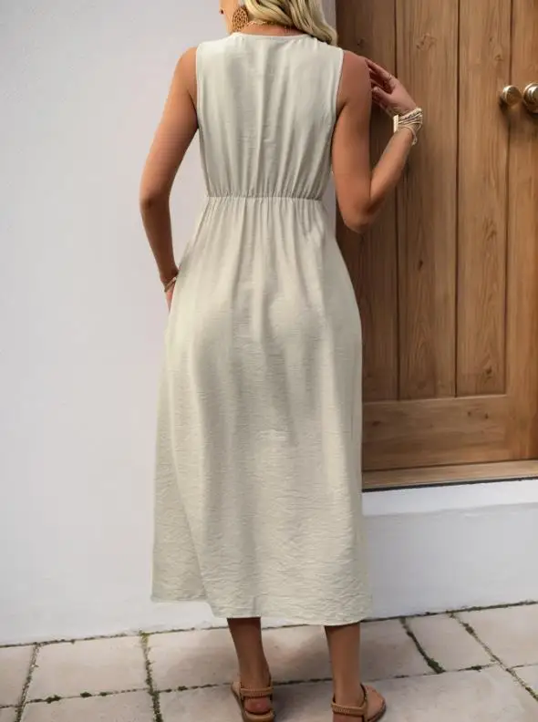 

Womens Dresses 2026 Spring Summer New Solid Color V-Neck Sleeveless Pocket Design High Waist Casual Daily Vacation Long Dress