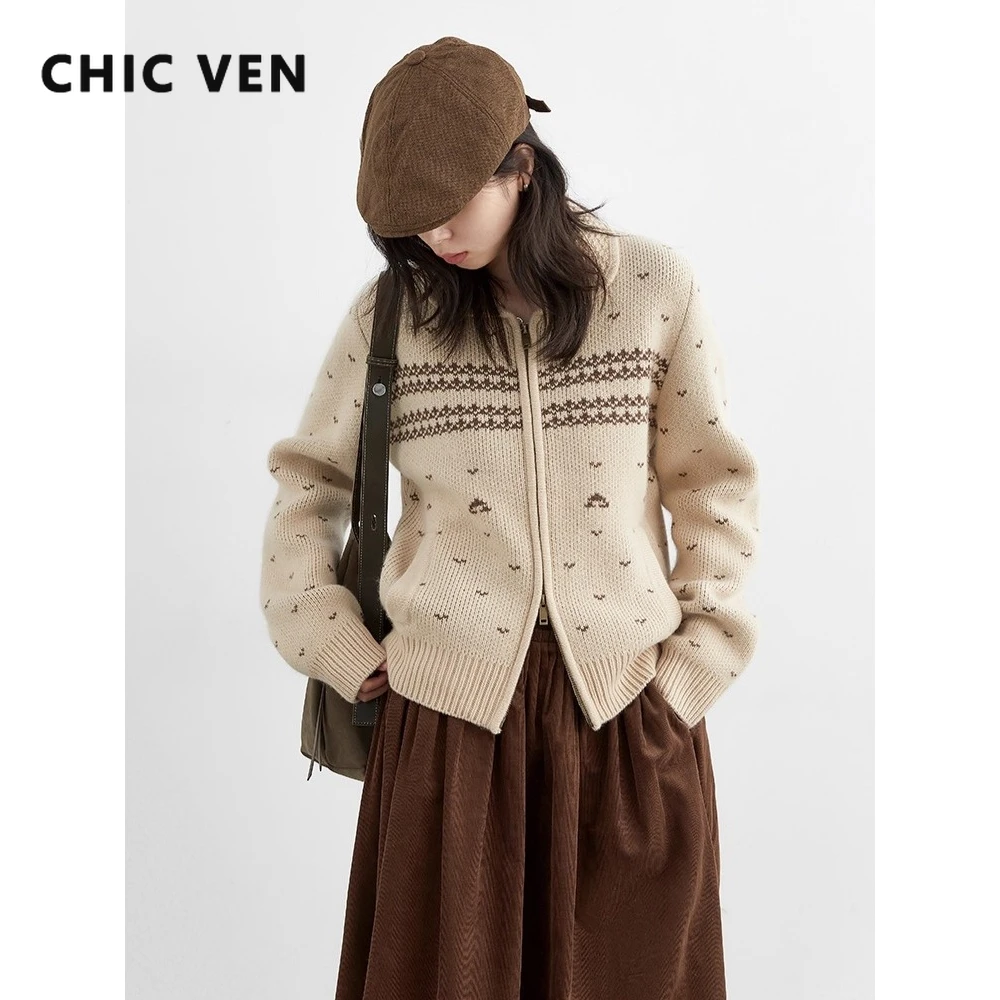 CHIC VEN Mode Frauen Pullover O Hals Dünne Beiläufige Vintage Jacquard Weibliche Strickjacke Warme Jumper Herbst Winter 2025,