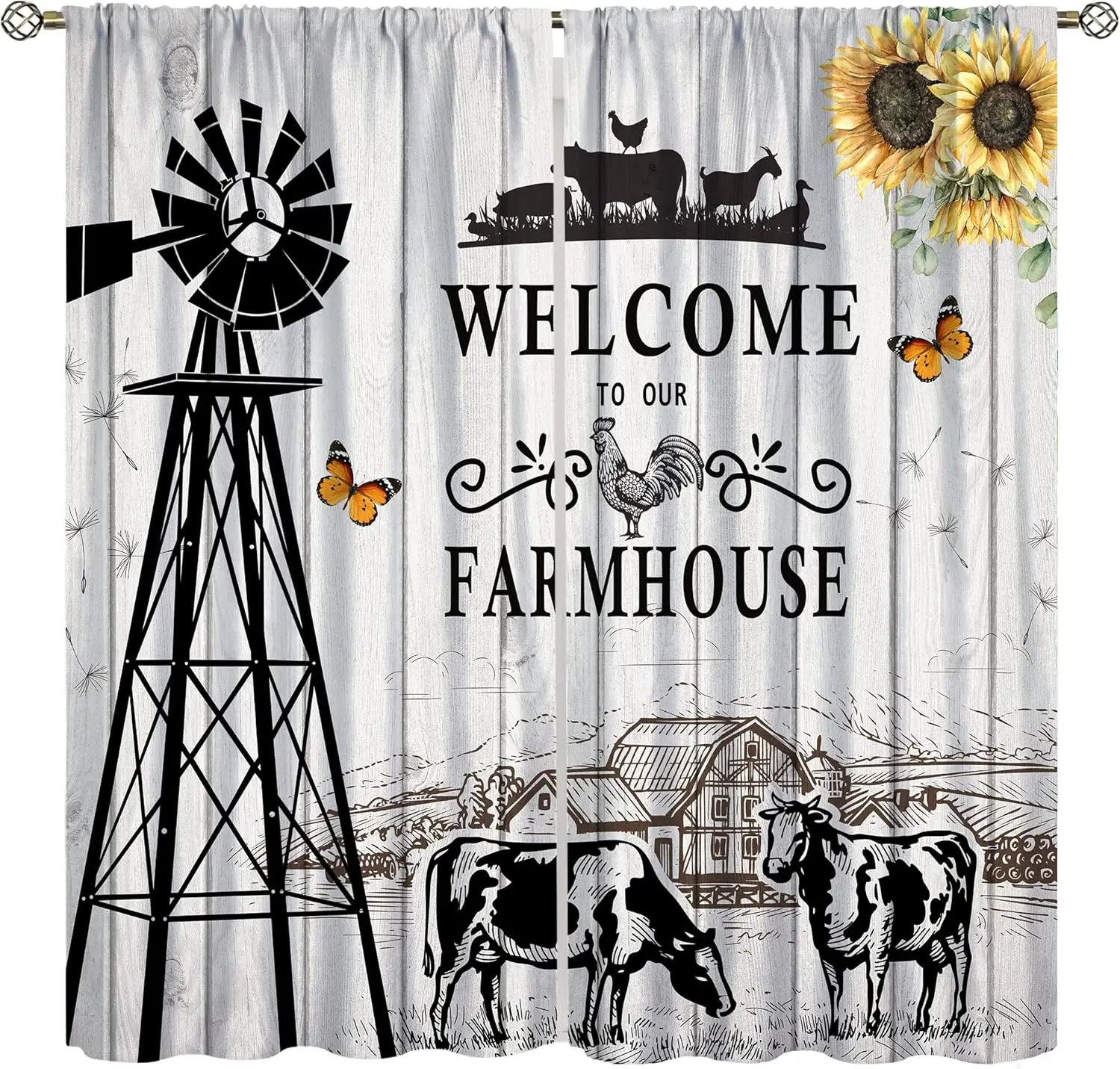 Cow Printed Window Curtains,Western Farms Black and White Cattle Living Room Barn Curtains 42x45 Inch