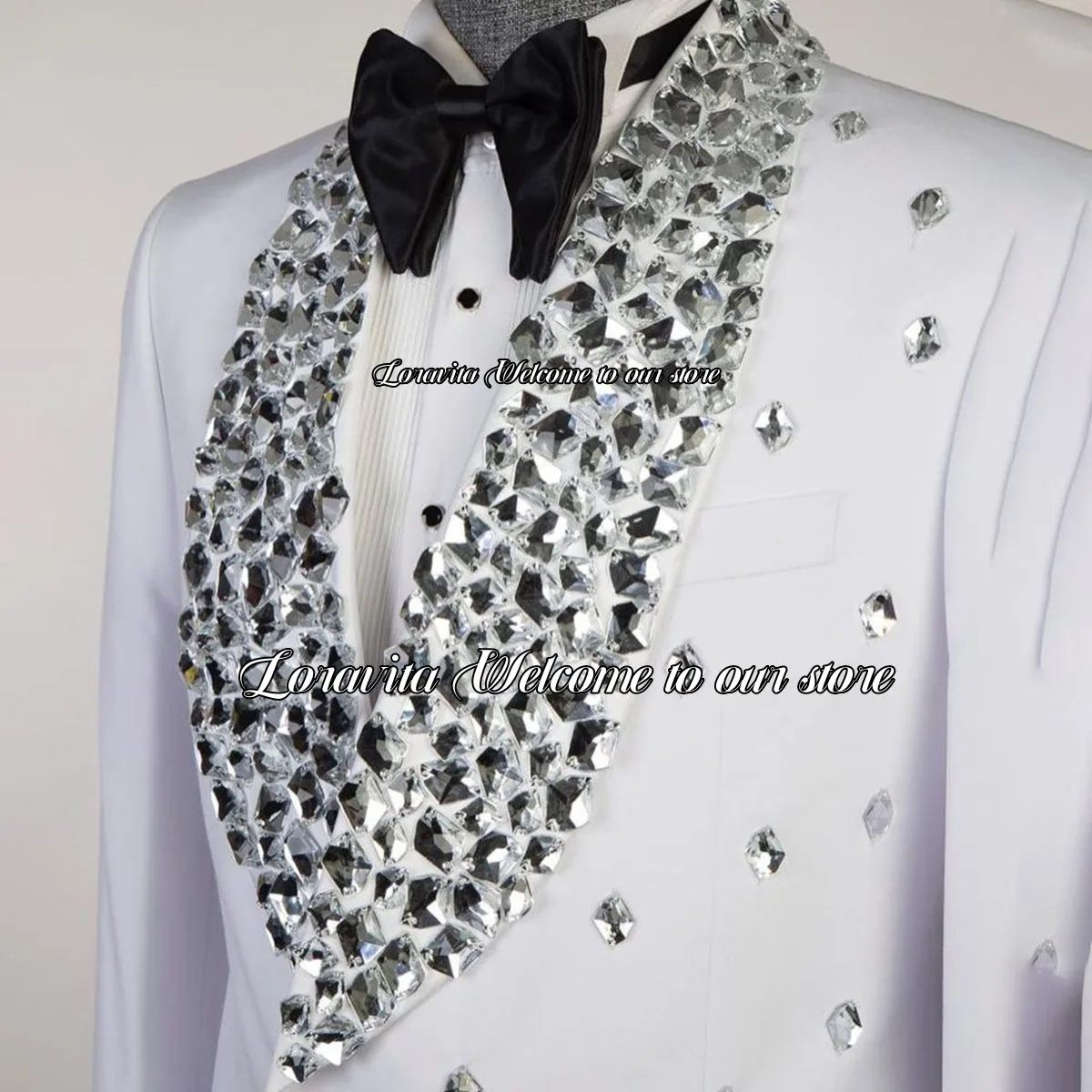 Formal 2 Pieces Wedding Groom Luxury Shiny Diamond Decoration Tuxedos Shawl Lapel Male Prom Blazers Slim Fit Party Costume Homme