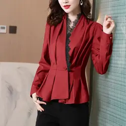 Camisa de encaje con pliegues y cuello en V para mujer, blusa informal de gran tamaño con volantes para oficina, otoño e invierno, 2023