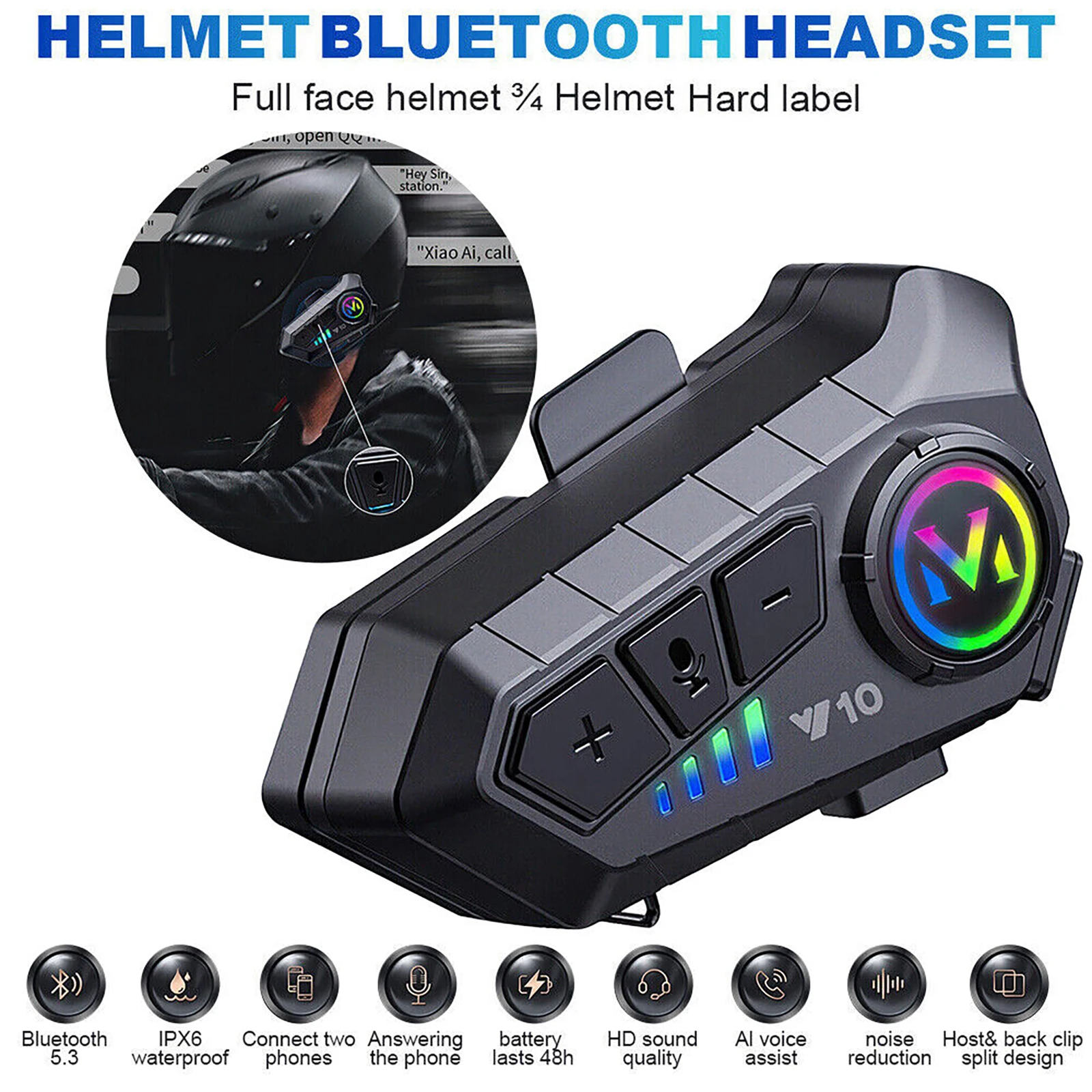 Bluetooth5.3 Helmet Headset Wireless Hands-free Call Phone Kit Motorcycle Waterproof Earphone Music Player Speaker For Motorbike