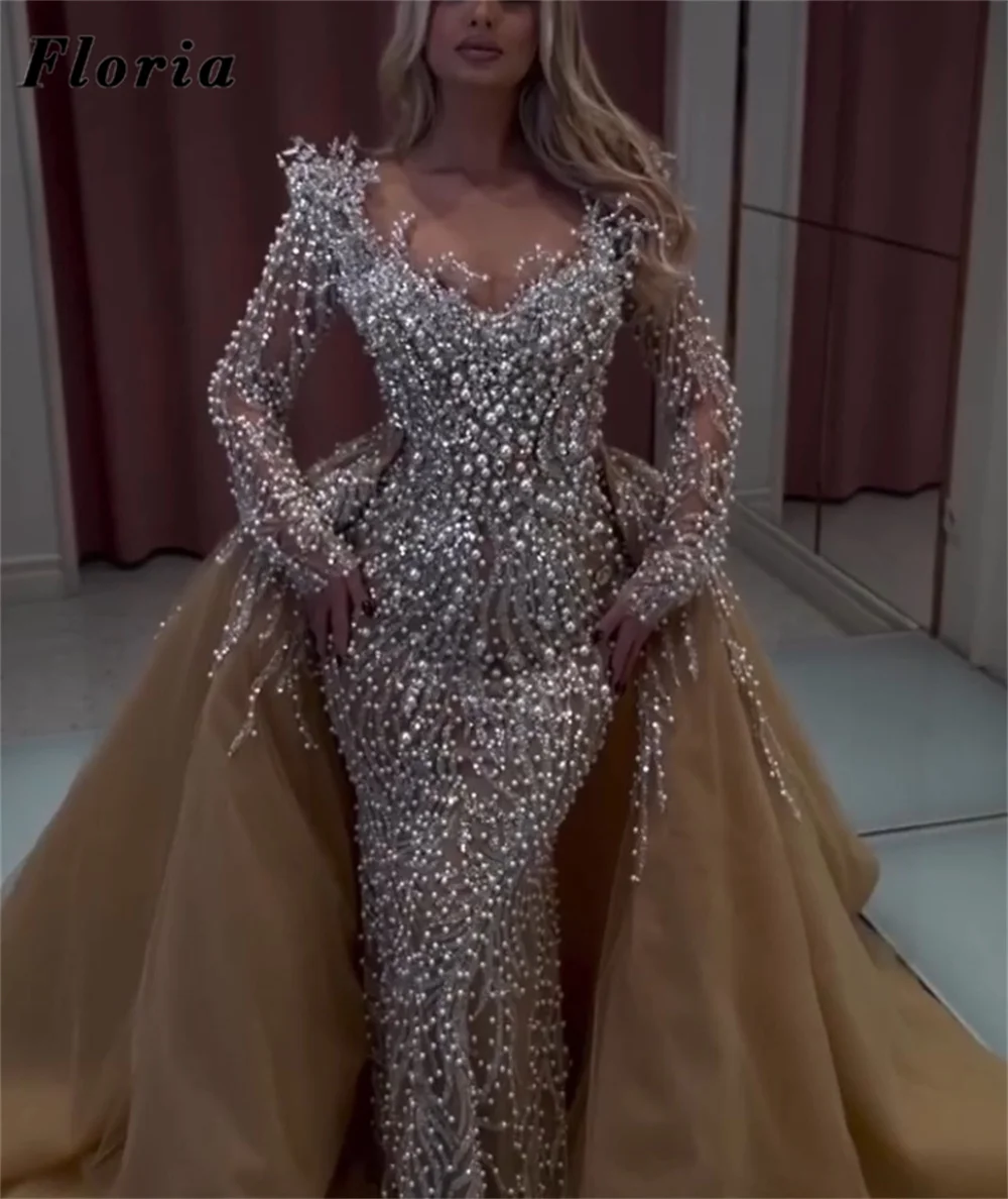 

Luxurious Champagne Long Sleeves Evening Dresses Pearls Prom Dress With Detachable Skirt Customized Beaded Wedding Party Gowns