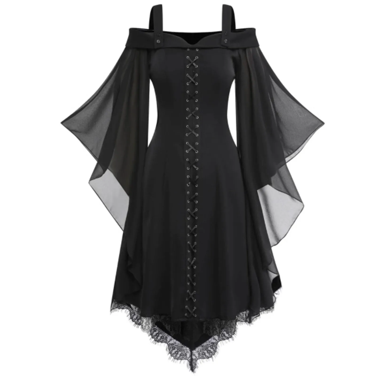 

Gothic Witch Vintage Dress Women Sexy Hollow Out Lace Up High Waist Ruffle Trumpet Dress Off Shoulder Gothic Midi Dress Vestidos