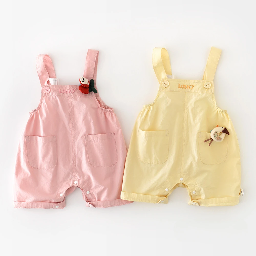 

0-3Y Kids Baby Solid Color Loose Rompers Letter Embroidery Toddler Girls Cartoon Casual Overalls Infant Summer Strap Shorts