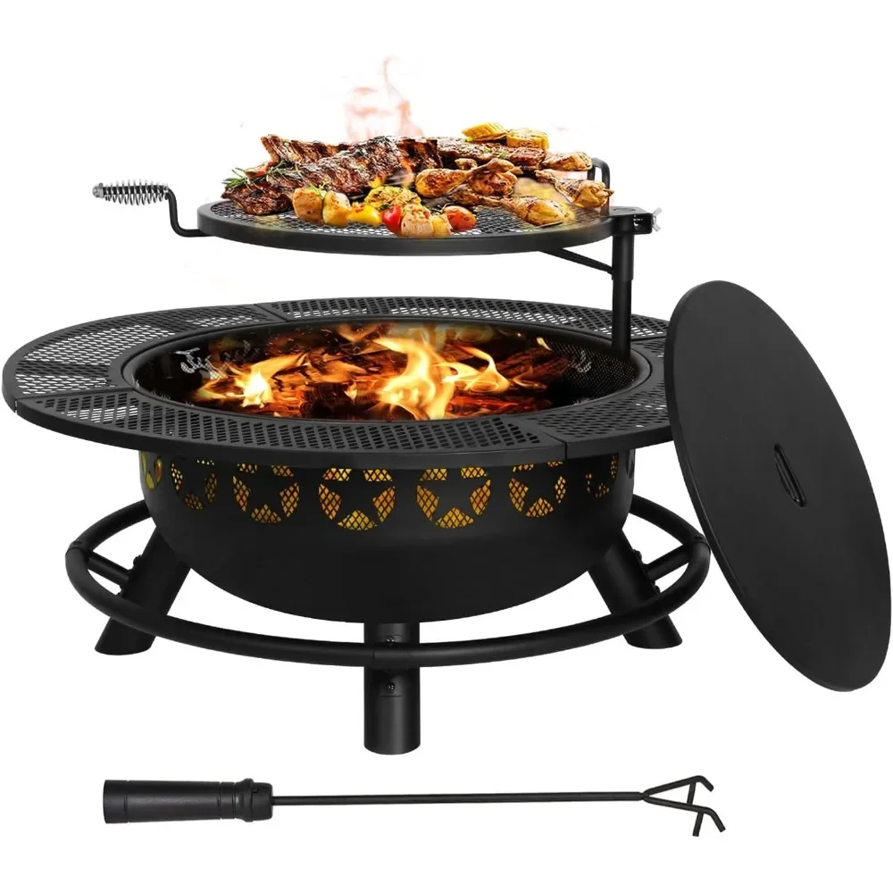 35 Inch Fire Pit with Cooking Grate & Charcoal Pan, Outdoor Wood Burning BBQ Grill Firepit Bowl with Cover Lid, Steel R