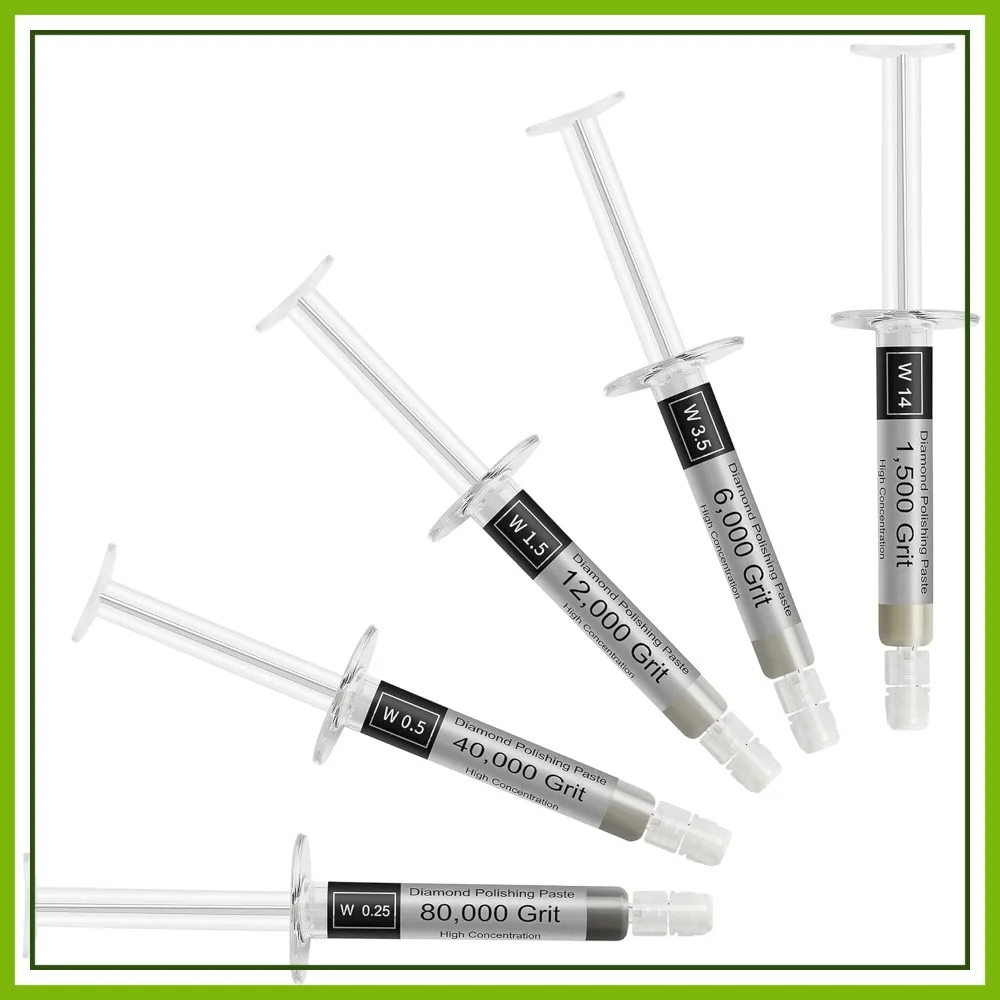

Diamond Polishing Compound 5 Piece Lapping Paste 1500 to 80000 Grit Kit，Metal Ring Gemstone Glass Coin 0.25 to 14 Micron 5 Gram