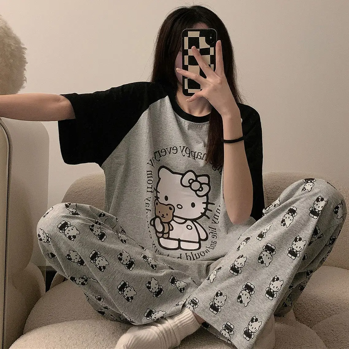 2Pcs Fashion Hello Kittys Pajamas Set Women Spring Autumn Summer T-Shirt Trousers Loungewear Sweet Cute Girls Loose Nightwear