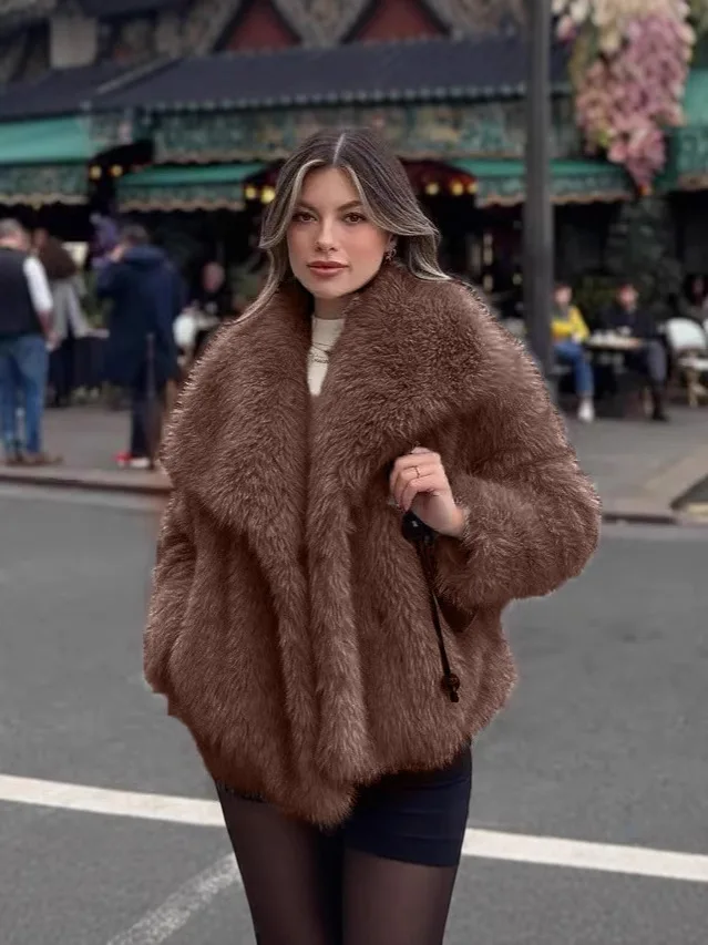 

Повседневные коричневые куртки на толстом меху, женские куртки с длинным рукавом и v-образным вырезом, осень-зима, пальто из искусственного меха, модная уличная одежда 2025 года, верхняя одежда
