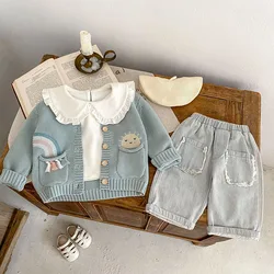 2024 Autumn Baby Clothes 0-3Y Cartoon Rainbow Sun Girls Jacquard Sweaters Boys Knitted Cotton Cardigan Coat Toddler Tops