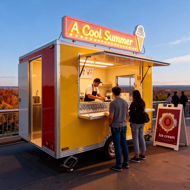 

Очаровательный коммерческий фудтрак-прицеп для мороженого с кондиционером, мобильный уличный фудтрак с аппаратом для попкорна
