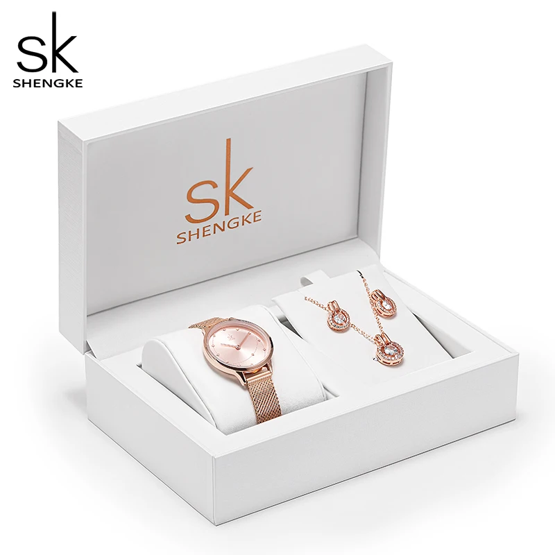 Shengke-Conjunto de relojes con caja de regalo para mujer, elegante reloj con Collar, pendientes, anillos, accesorios, reloj de cuarzo japonés