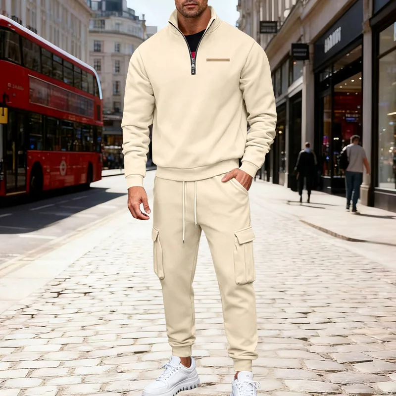 

Winter velvet half zipper stand-up collar pullover solid color casual sweater tooling trousers suit men