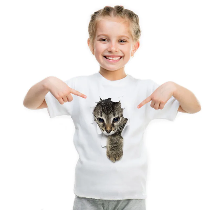 Qiao Skin Cat 3d Cat Broken Paper Cat Print Men's and Women's Children's T-shirt White Casual Short-sleeved Children's Wear