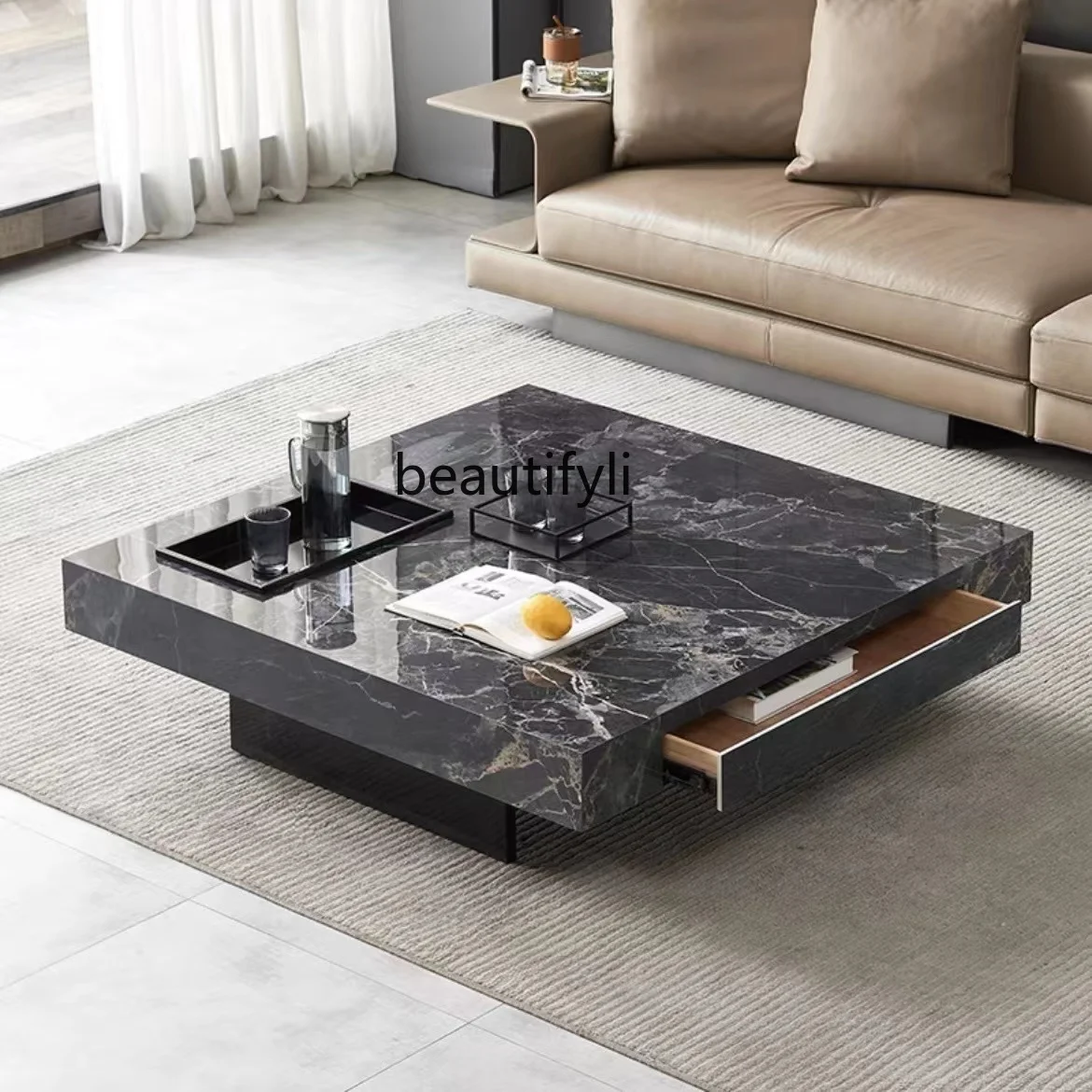 

Stone Plate Tea Table Consciousness Minimalist Living Room Home Large and Small Apartment Type Simple Square High-End Villa