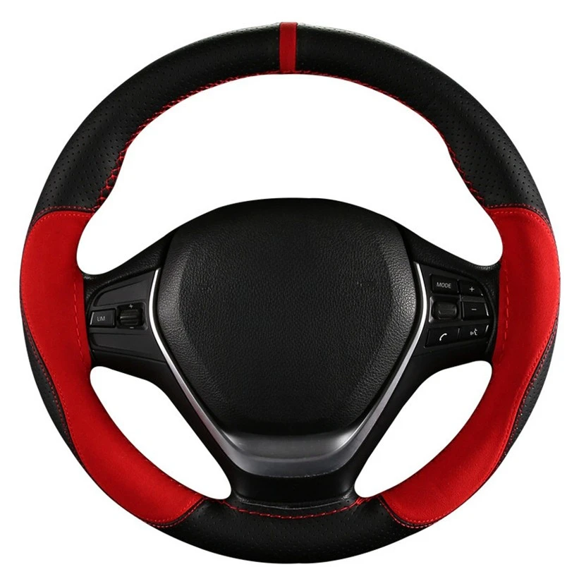 Suede Leather Car Steering Wheel Cover Soft Anti slip Steering-Wheel Braid With Needle Thread Car Interior Accessories 15 inch