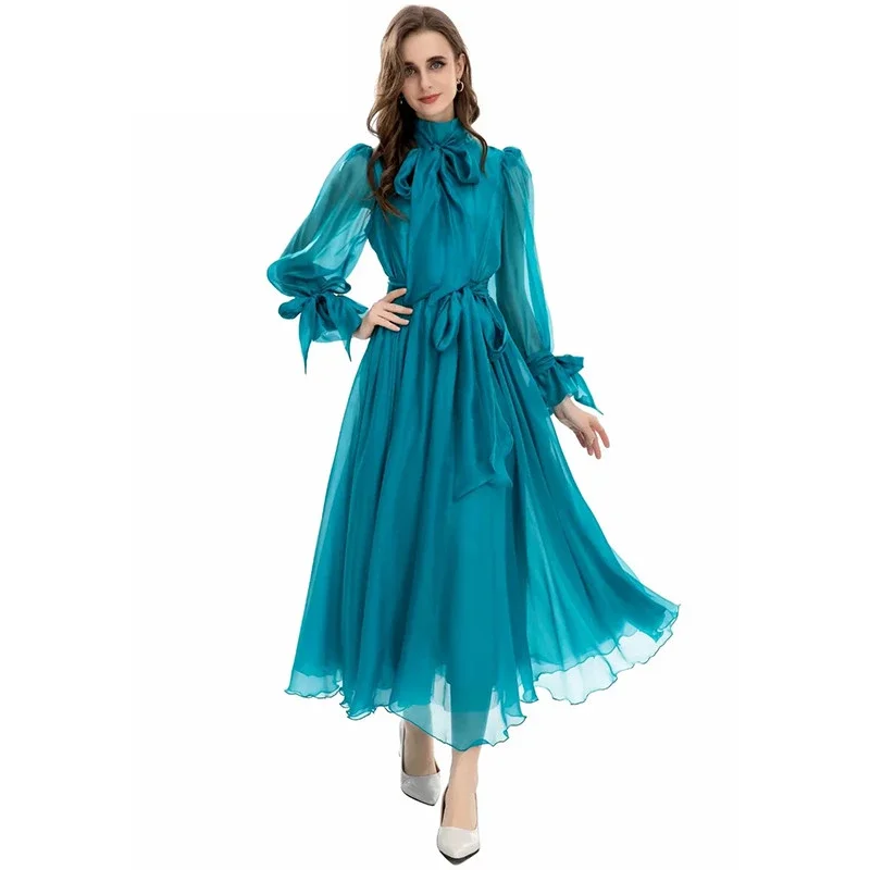 

New Fashion Designer Traf Spring Autumn Women Bow Stand Colla Long Sleeve Belted High Waist Solid Dresses