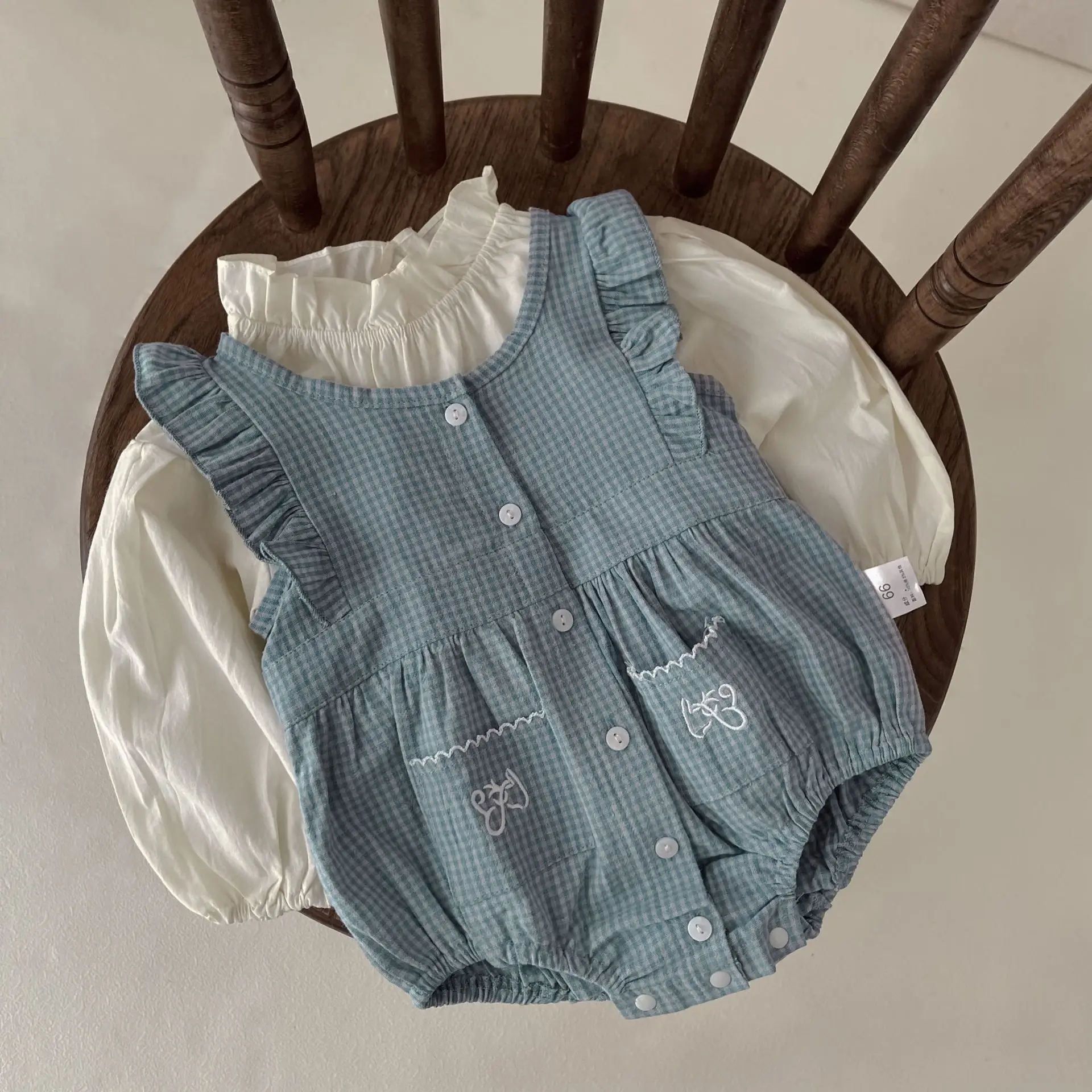 

Spring and Autumn Infants Single breasted Sleeveless Small Plaid Romper Ear Collar Long Sleeve Shirt baby clothes boy