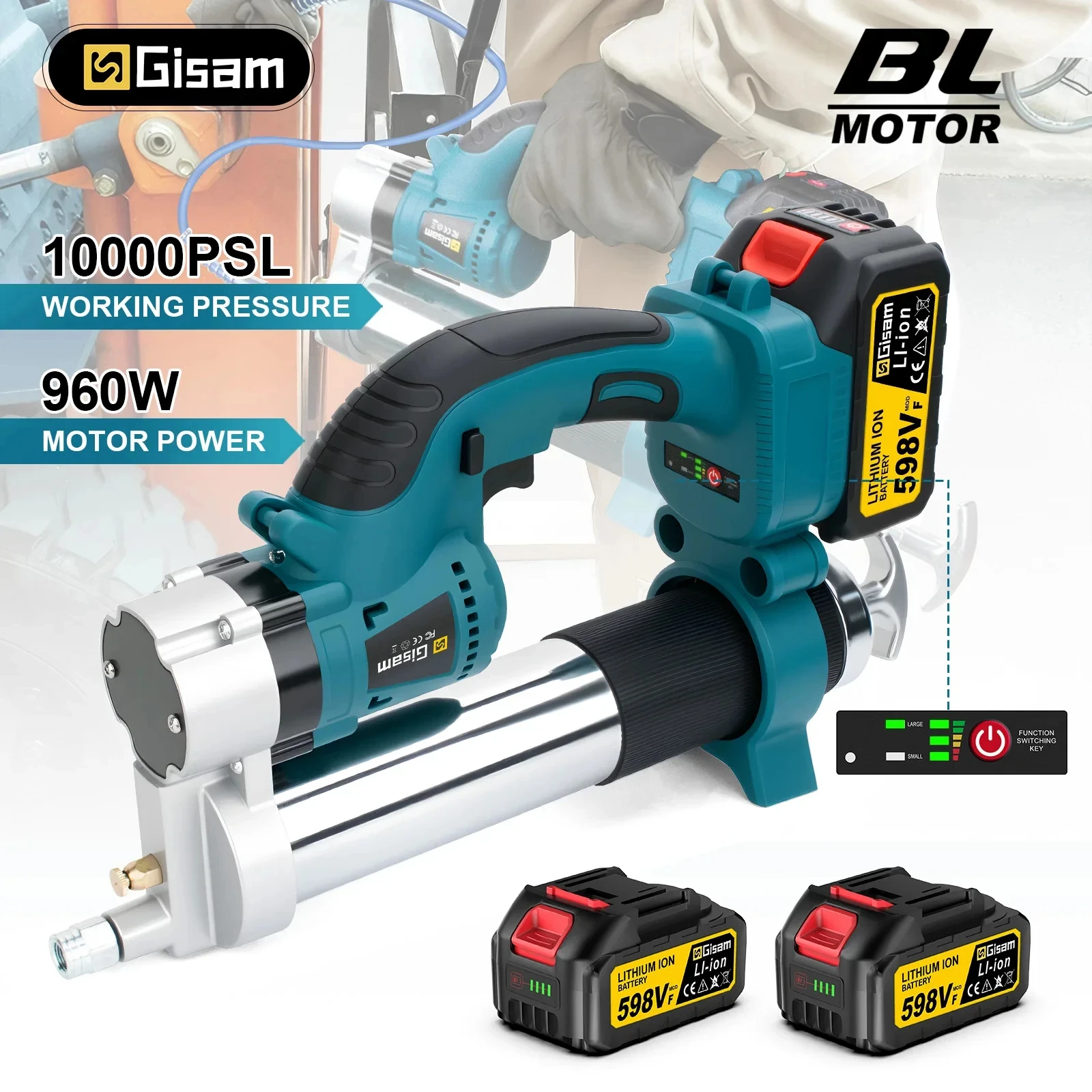 Pistolet à graisse électrique sans balais Gisam 10000PSL 69Mpa haute pression pour l'entretien automobile, compatible avec la batterie Makita 18V.