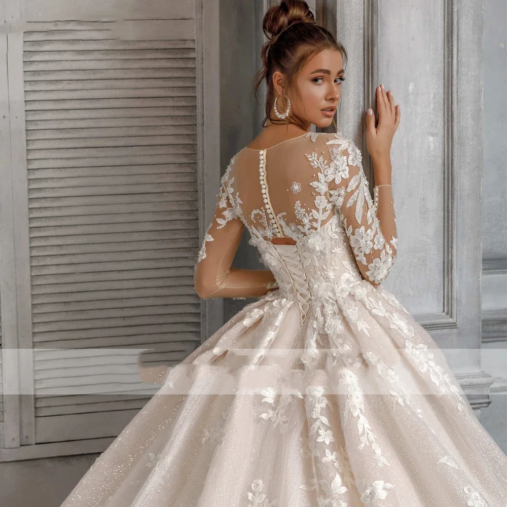 Flavinke Maßgeschneidertes Ballkleid mit U-Ausschnitt, glänzende Spitze, bodenlange, perlenbesetzte Brautkleider mit Kathedralenschleppe