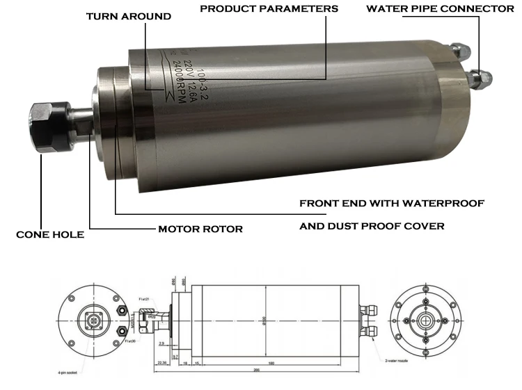 Holry 3.5KW High Power Water Cooled 400Hz High Speed 220v 380V Water Cooled Spindle Motor For CNC Machine
