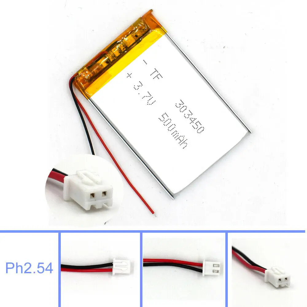 3.7 فولت 500 مللي أمبير ليبوليمر 303450 مع 2Pin جست التوصيل بطارية قابلة للشحن خلية ل مصباح كاميرا ليد غس مسجل قارئ