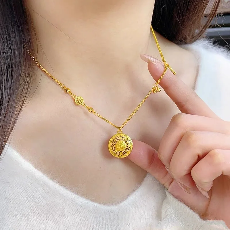 

Luxury 24K 9999 Pure Gold real gold Women's Barui Lucky Hollow Disc Pendant Clavicle Chain