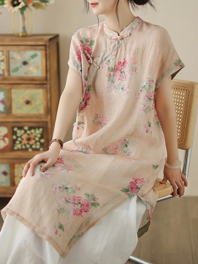 

New Chinese Style National Trend Side Button Modified Qipao Dress Set Women Summer Cotton Linen Tea Clothes Wide Leg Pants
