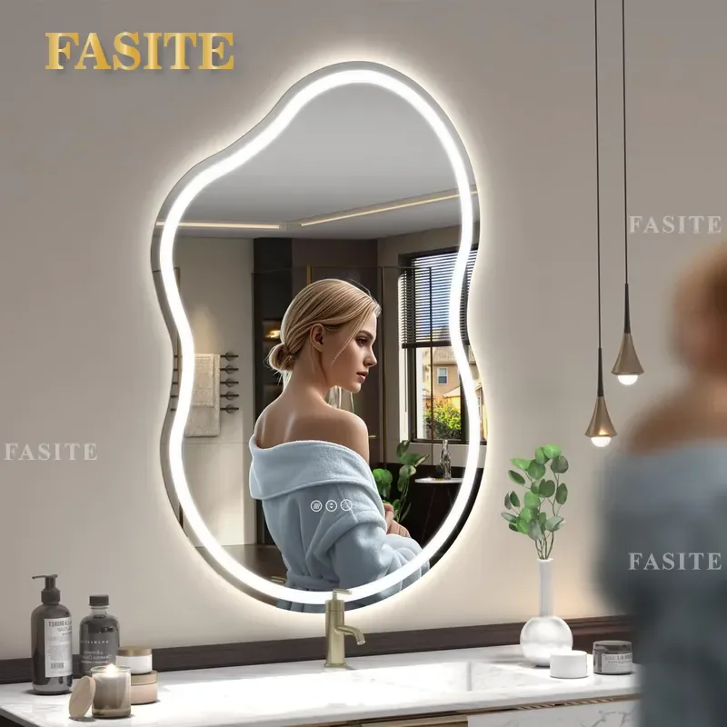 For Nordic Bathroom LED Luminous Mirror Lake Shaped Full Body Cosmetic Mirror Wall Mounted Vanity Lighted Mirror for Toilet