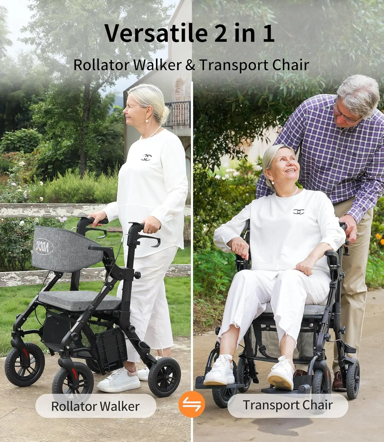 Rollator-Walkers-for-Seniors-with-Seat, Walker Wheelchair Combo, Transport-Wheelchair-Lightweight-Foldable, Adult Walkers