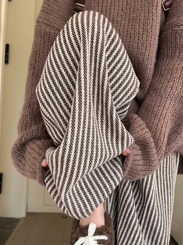 여성용 스트라이프 와이드 레그 팬츠, 드레이프 레트로 시크 프레피 스타일, 아늑한 데일리 한국 패션, 인기 캐주얼 가을 겨울 바지