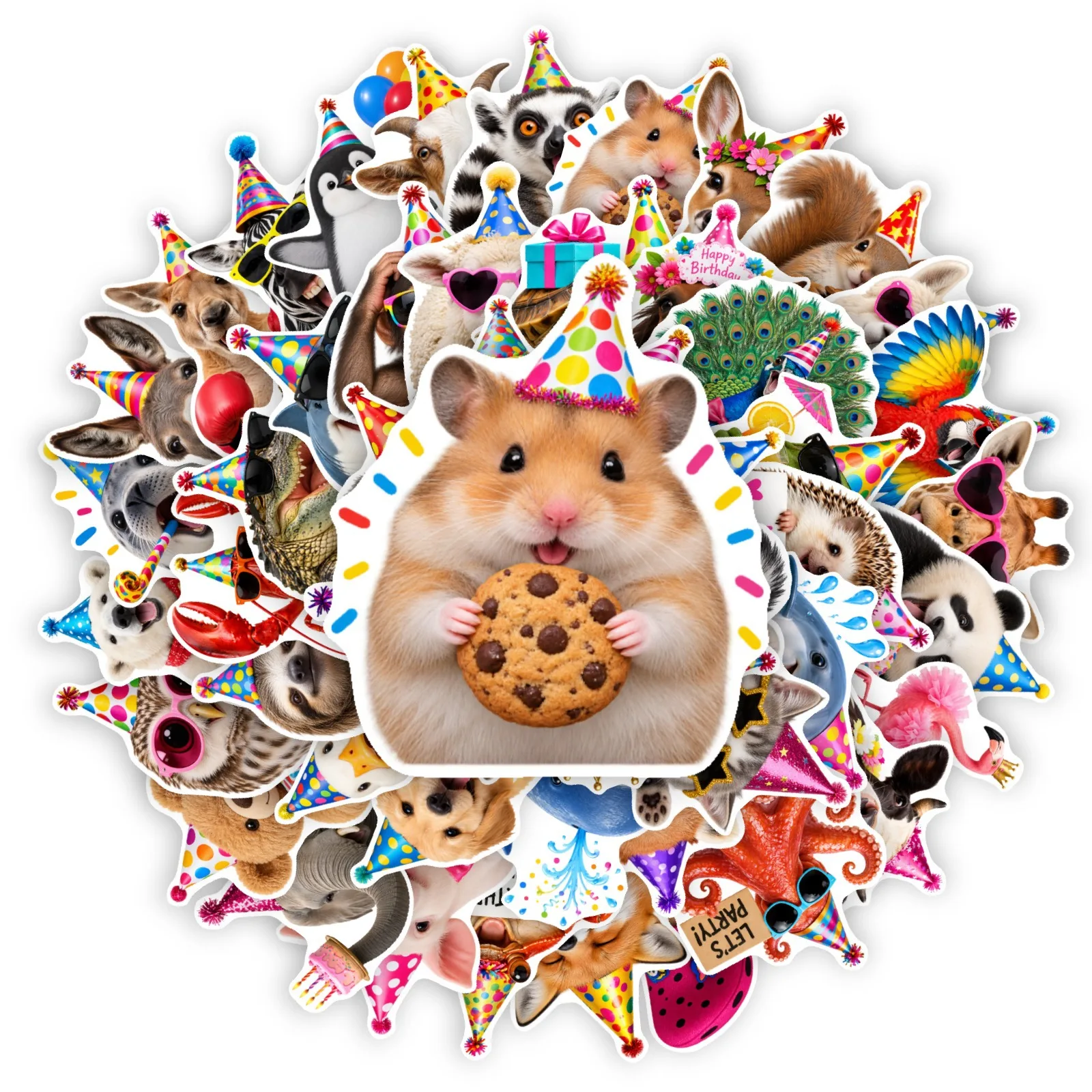 50 PCS Fun Birthday Party Theme Balloon Cake Cartoon Funny Animal With Hat Decorate Decals For Atmosphere Decoration Stickers