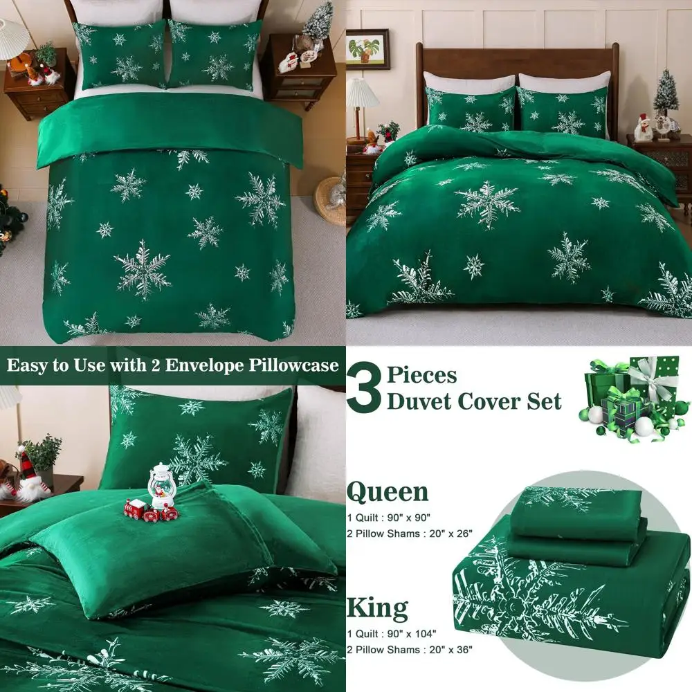 

King Size Green Snowflake Crystal Velvet Duvet Cover Set, 90x104 Inches, Luxury Christmas Bedding for Winter