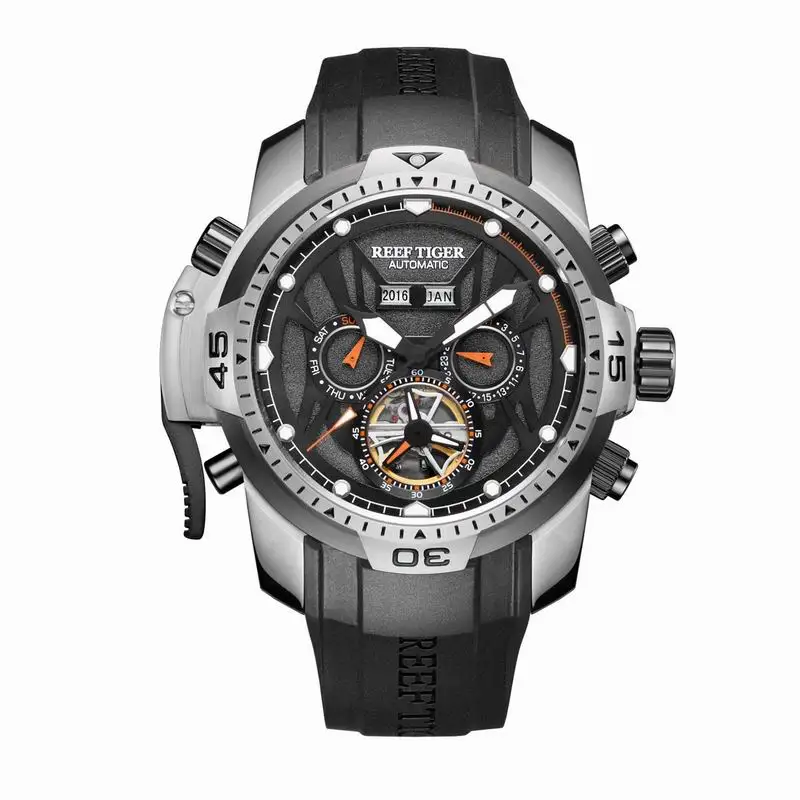 

Reef Tiger Mechanical Wrist Men's Watches Tourbillon Self-winding Luminous Calendar 100m Waterproof Center-seconds Sports Watch