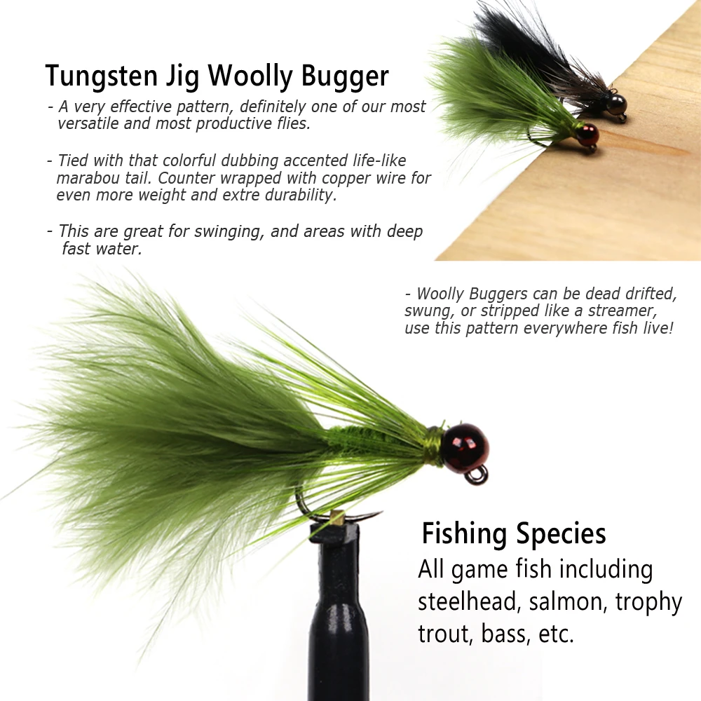 Wifreo 6PCS #12 Tungsten Beadhead Jig Woolly Bugger Streamers Fly for Trout Salmon Pike Bass Fishing Lures Bait Olive Black