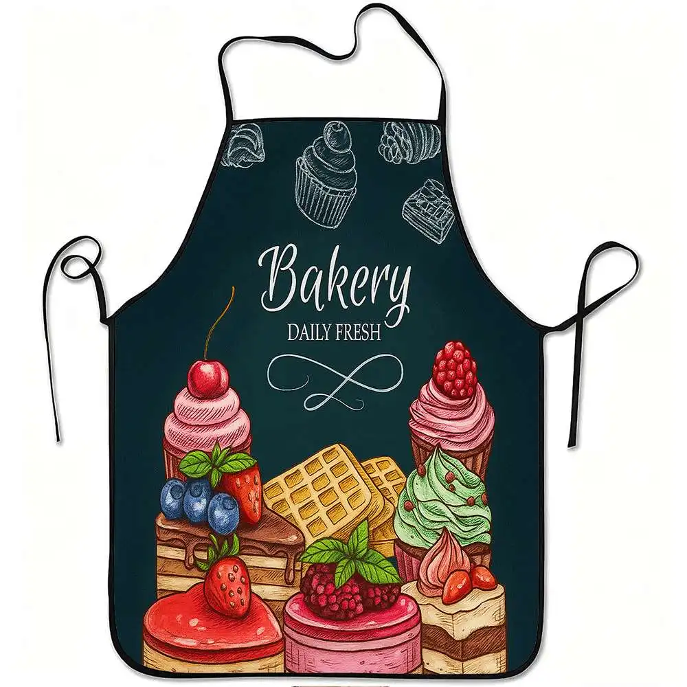 1pc Bakery Daily Fresh Print Apron with Baker-Themed Pastry Design, Adjustable Waistband & Durable Easy-Clean Polyester