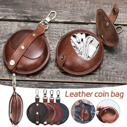 Medieval Retro Men Real Leather Wallet Crazy Horse Round Small Coin Purse Data Cable Earphone Storage Bag Protective Pocket