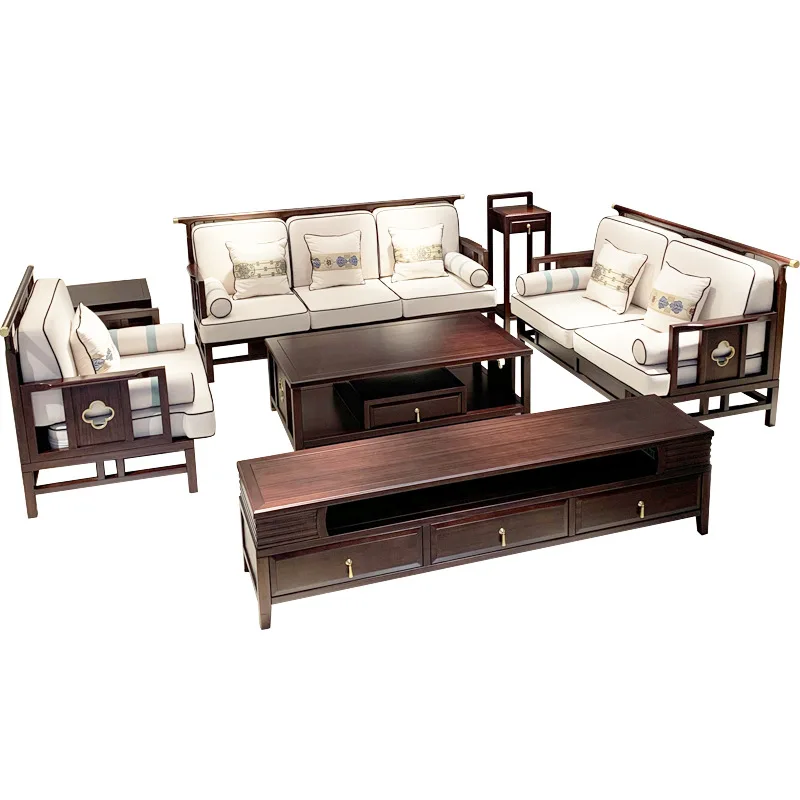 

New Chinese sofa, ebony fabric sofa combination, small apartment simple living room furniture